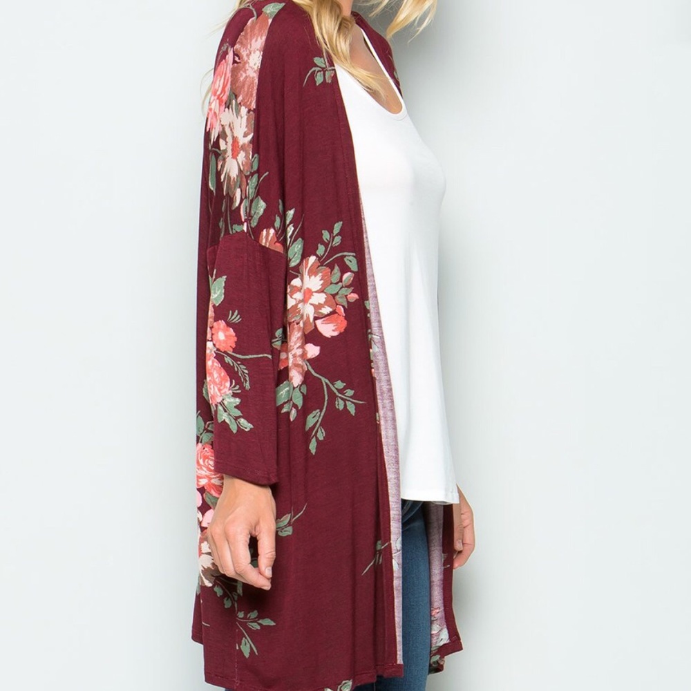 OMG Burgundy floral kimono top S NEW - Picture 3 of 6